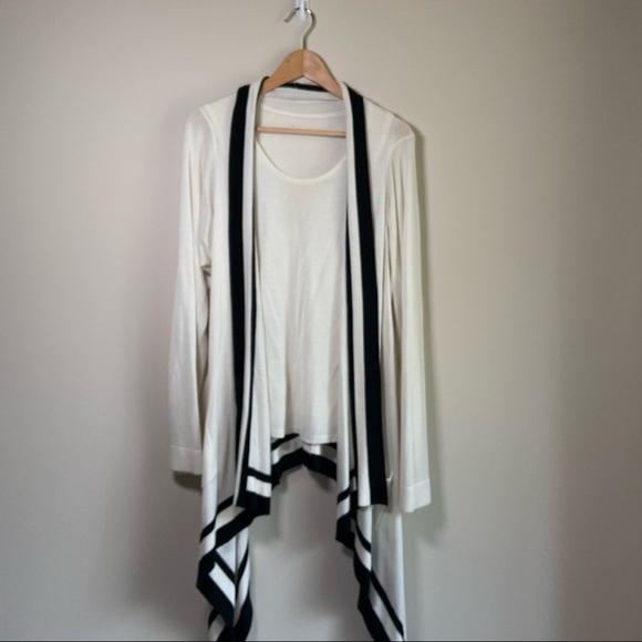 Camisole and Waterfall Long Cardigan Fine Knit Merino Wool Ivory & Black Medium - Picture 1 of 6